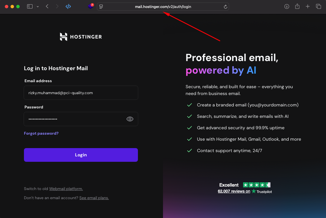 Halaman login Hostinger Mail v2