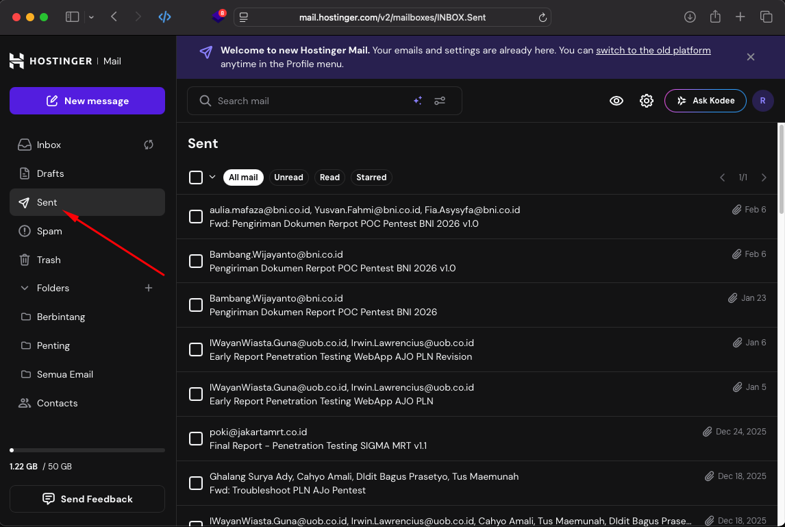 Folder Sent sudah terisi email